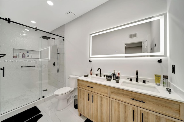 full bathroom with a stall shower, marble finish floor, visible vents, and a sink