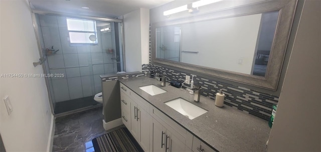 3160 Holiday Springs Blvd Unit 7-112, Margate, FL 33063 - bathroom featuring a sink, toilet, backsplash, and a shower stall