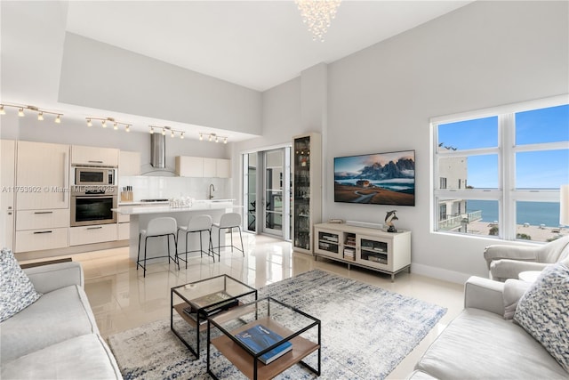 living area featuring track lighting and baseboards