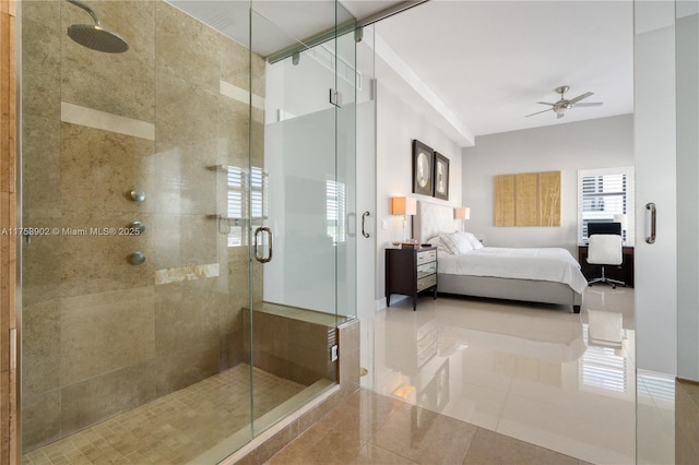 ensuite bathroom featuring ensuite bathroom, tile patterned flooring, and a shower stall