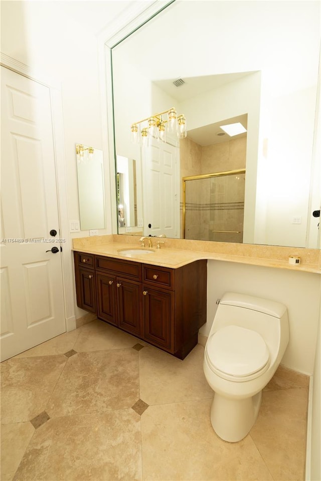 full bath with tile patterned flooring, toilet, vanity, visible vents, and a stall shower