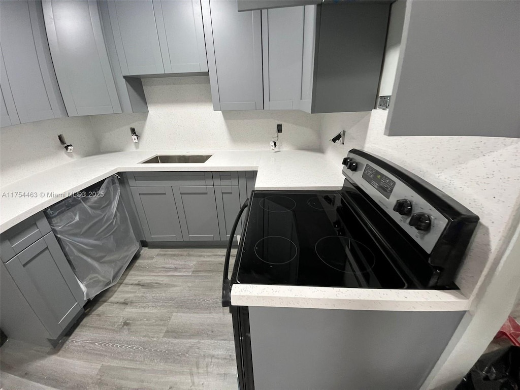 kitchen with light wood finished floors, light countertops, appliances with stainless steel finishes, and gray cabinetry