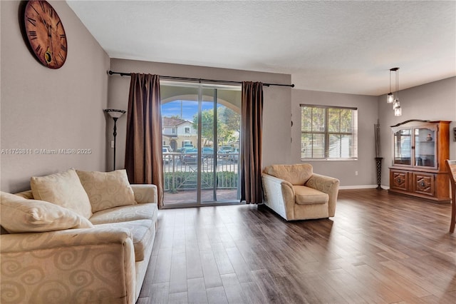 living room featuring a textured ceiling, baseboards, a wealth of natural light, and wood finished floors