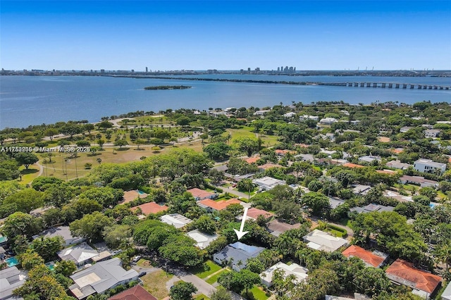 drone / aerial view with a water view