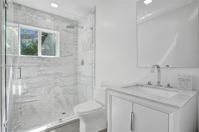 full bathroom with toilet, vanity, and a marble finish shower