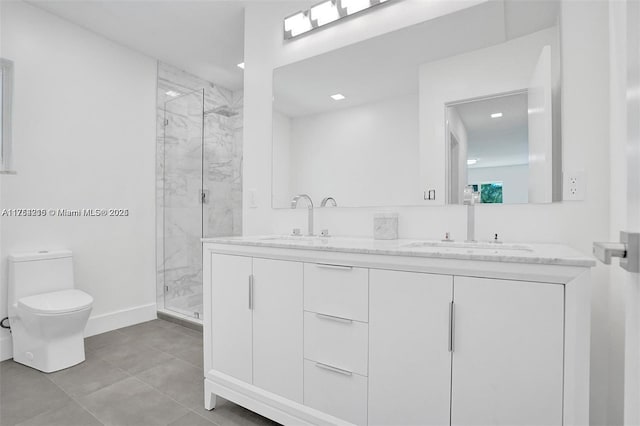 full bathroom featuring toilet, baseboards, a sink, and a marble finish shower