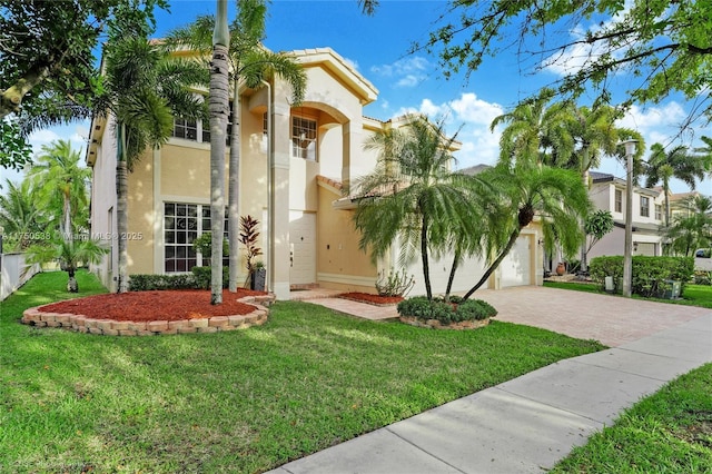 mediterranean / spanish house featuring a garage, a front lawn, decorative driveway, and stucco siding