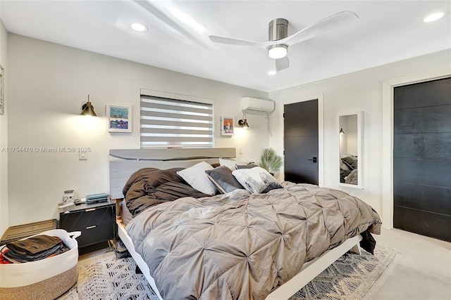 bedroom featuring ceiling fan, an AC wall unit, and recessed lighting