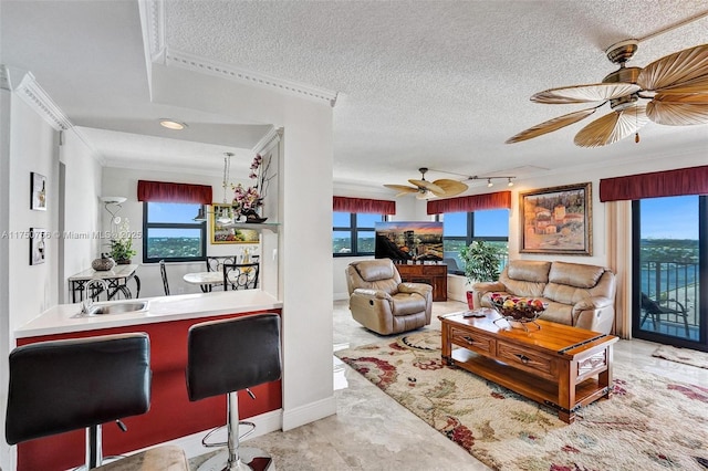 1201 S Ocean Dr Unit 1711S, Hollywood, FL 33019 - living area with a textured ceiling, ornamental molding, a wealth of natural light, and a ceiling fan