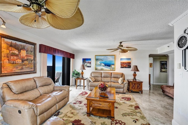 1201 S Ocean Dr Unit 1711S, Hollywood, FL 33019 - living room featuring a textured ceiling, ornamental molding, and a ceiling fan
