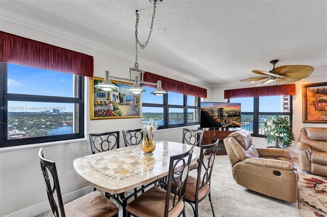 1201 S Ocean Dr Unit 1711S, Hollywood, FL 33019 - dining space with a textured ceiling, ceiling fan, ornamental molding, and carpet flooring