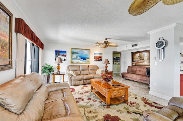 1201 S Ocean Dr Unit 1711S, Hollywood, FL 33019 - living area with ceiling fan, crown molding, and a textured ceiling
