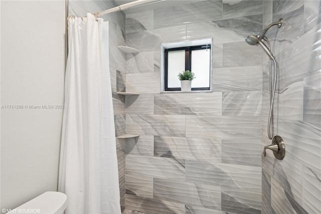 full bathroom with toilet and a shower stall