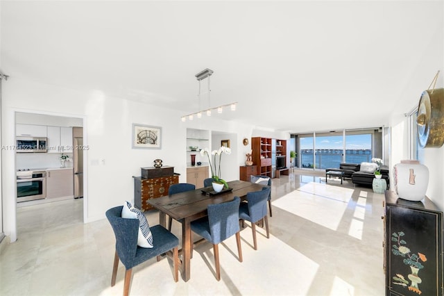 dining space with expansive windows and track lighting