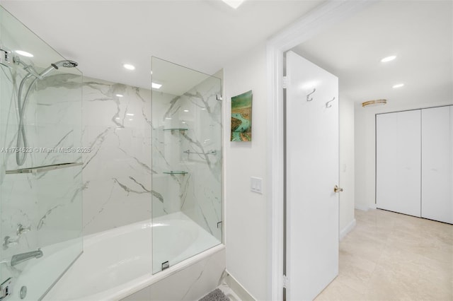 bathroom with baseboards, combined bath / shower with glass door, and recessed lighting