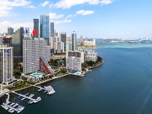 birds eye view of property with a water view and a city view