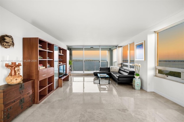 living room featuring a wall of windows and baseboards