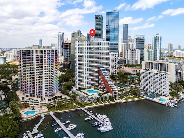 property's view of city featuring a water view