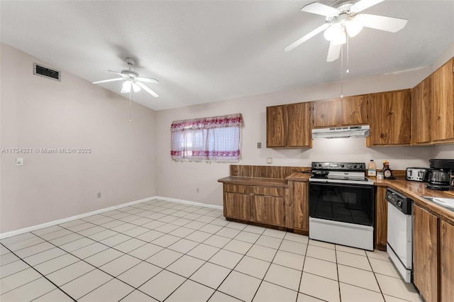 kitchen with under cabinet range hood, range with electric cooktop, brown cabinetry, and dishwasher