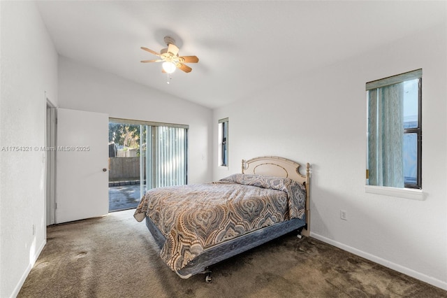 bedroom featuring carpet, lofted ceiling, a ceiling fan, access to outside, and baseboards