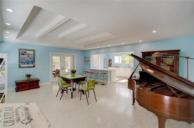 recreation room featuring light speckled floor, recessed lighting, baseboards, french doors, and beamed ceiling