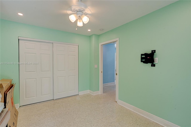 bedroom featuring a ceiling fan, recessed lighting, a closet, and baseboards