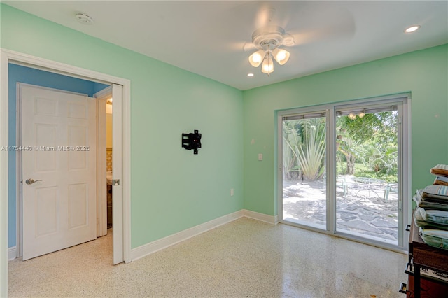 unfurnished room featuring recessed lighting, baseboards, a ceiling fan, and speckled floor