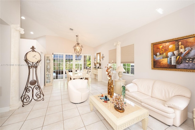 living area with light tile patterned floors, recessed lighting, visible vents, vaulted ceiling, and baseboards