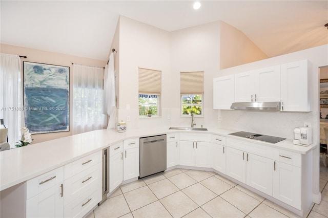 kitchen with black electric cooktop, stainless steel dishwasher, light countertops, under cabinet range hood, and a sink