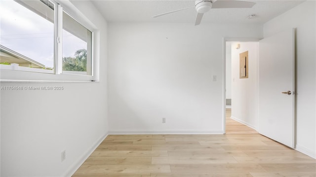 empty room with light wood-type flooring, ceiling fan, and baseboards