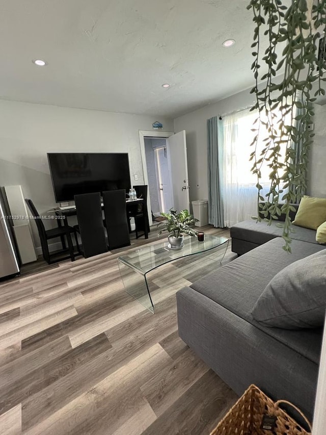 living area with recessed lighting and wood finished floors