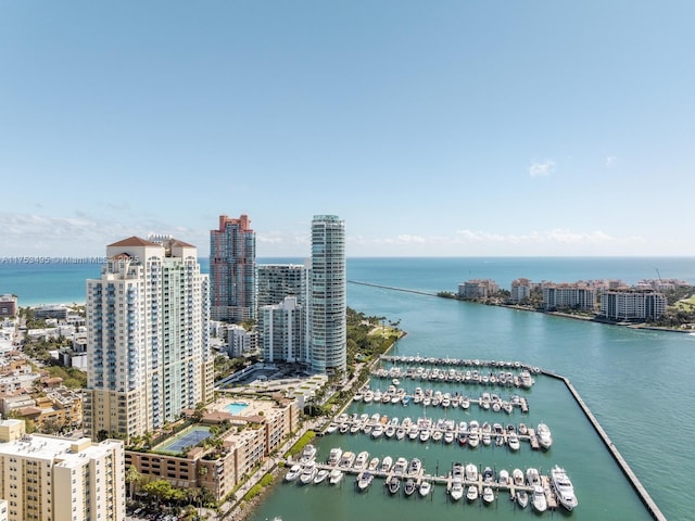 birds eye view of property with a water view and a view of city