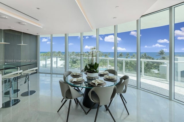 dining space with a wall of windows