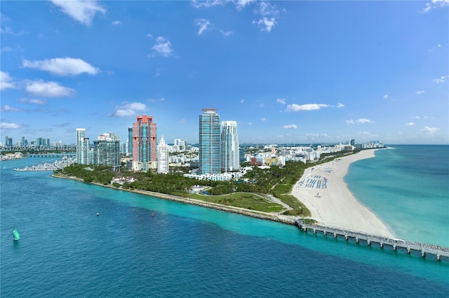 aerial view with a view of city and a water view