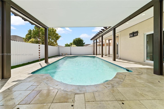 view of pool featuring a patio, a fenced backyard, and a fenced in pool