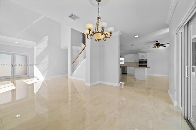 interior space with recessed lighting, visible vents, baseboards, ornamental molding, and stairway