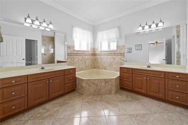 full bath with ornamental molding, tiled shower, a sink, and a bath