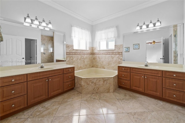 bathroom featuring a tile shower, a bath, a sink, and ornamental molding