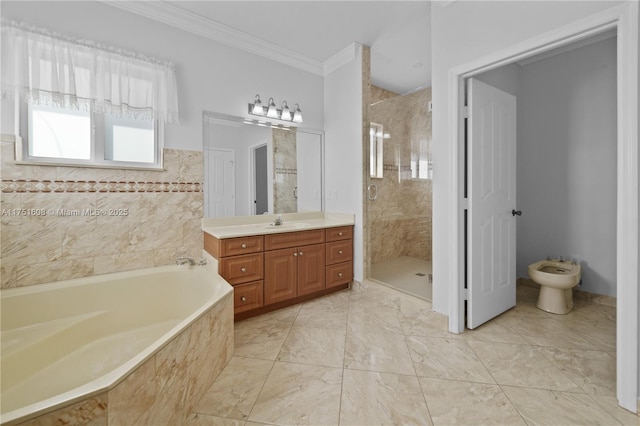 bathroom featuring a garden tub, vanity, crown molding, and a stall shower