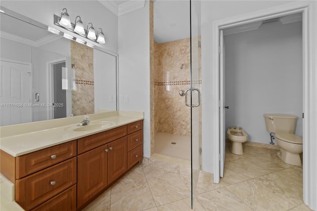 bathroom featuring a bidet, a shower stall, ornamental molding, toilet, and vanity