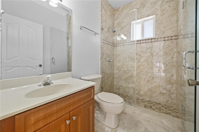 bathroom featuring vanity, toilet, and a shower stall