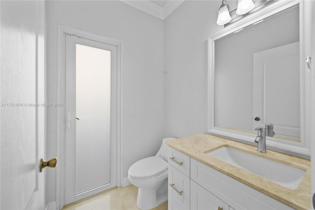 half bath with vanity, toilet, crown molding, and tile patterned flooring