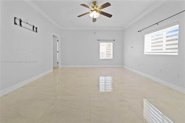 unfurnished room with ceiling fan, ornamental molding, and baseboards