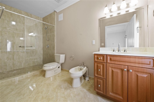 full bathroom featuring a bidet, a shower stall, ornamental molding, toilet, and vanity