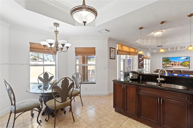 kitchen with crown molding, a tray ceiling, visible vents, and a sink