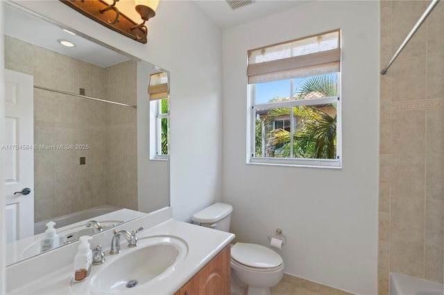 full bath featuring toilet, visible vents, bathtub / shower combination, and vanity