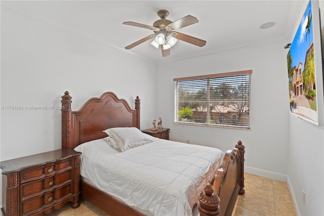 bedroom featuring baseboards, ornamental molding, ceiling fan, and light tile patterned flooring