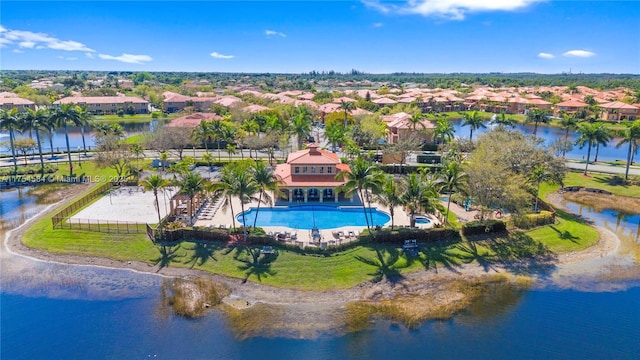 aerial view with a water view and a residential view