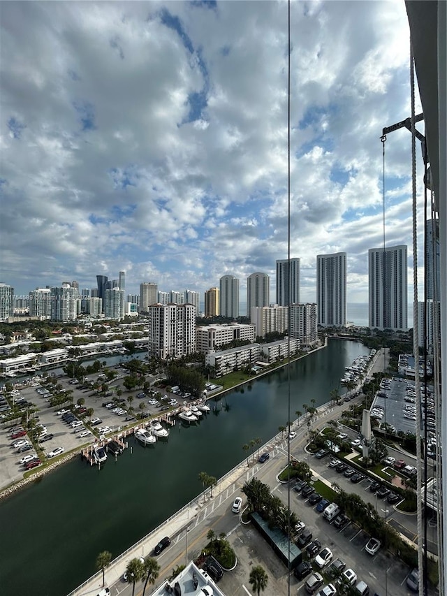 aerial view with a water view and a view of city