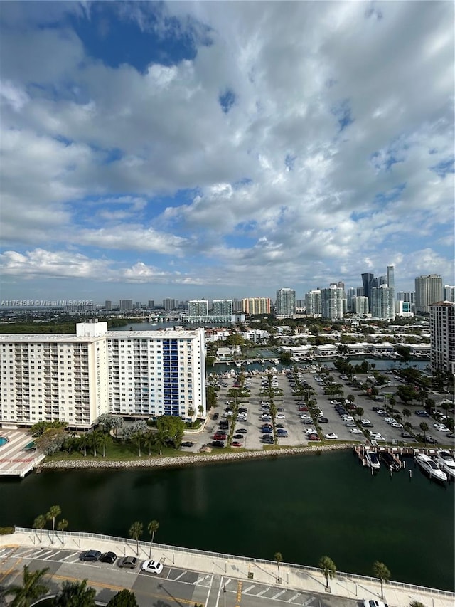 bird's eye view featuring a water view and a city view